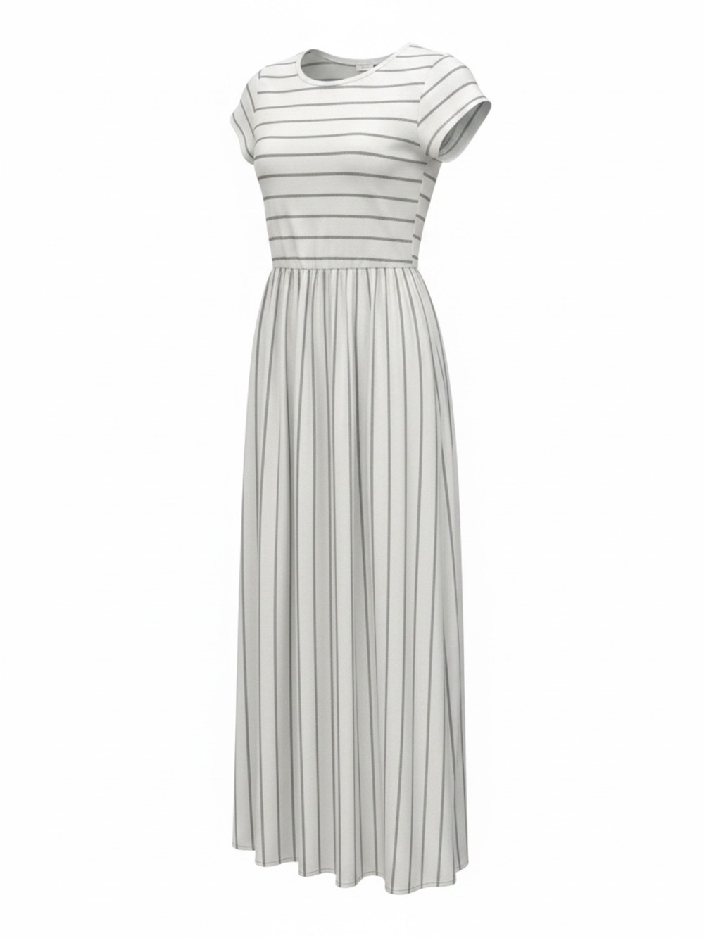 Short-Sleeve Striped Maxi Dress in Light Gray and White